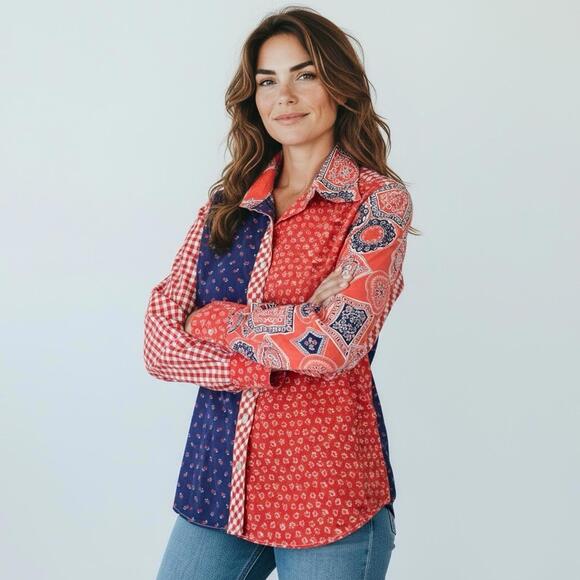 Tops - Vintage 70s Daisy Patchwork Point Collar Pocket Blouse Small See Measurements